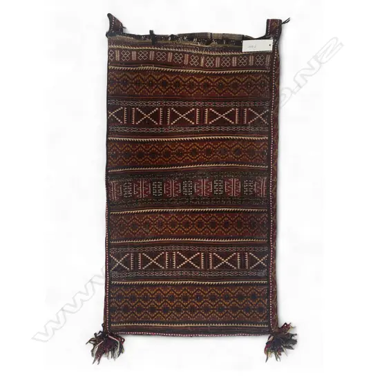 Bag – wool/ goat, - flatweave/knitted - Beluch/Uzbek stripe panel - tassled bottom corners. 90.5 x 51cm